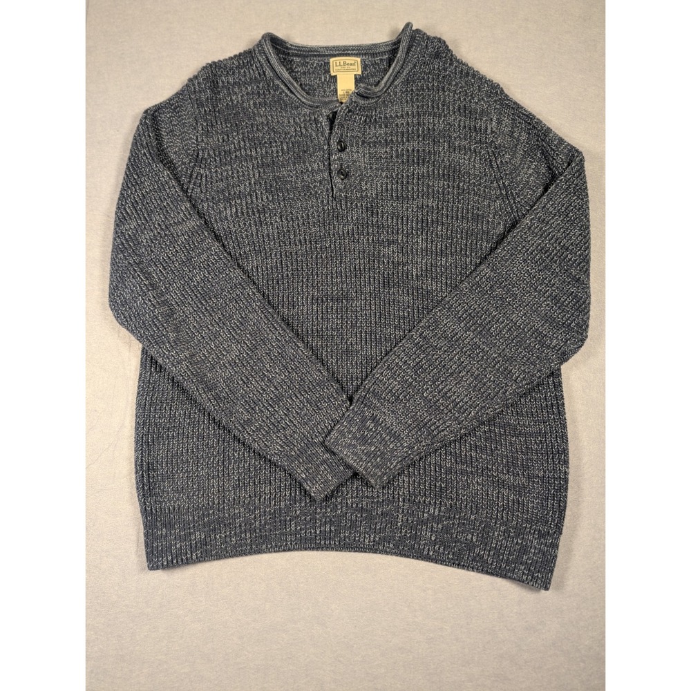 LL Bean Fisherman Sweater Mens L Blue Marled Cotton Henley 300340 Excellent